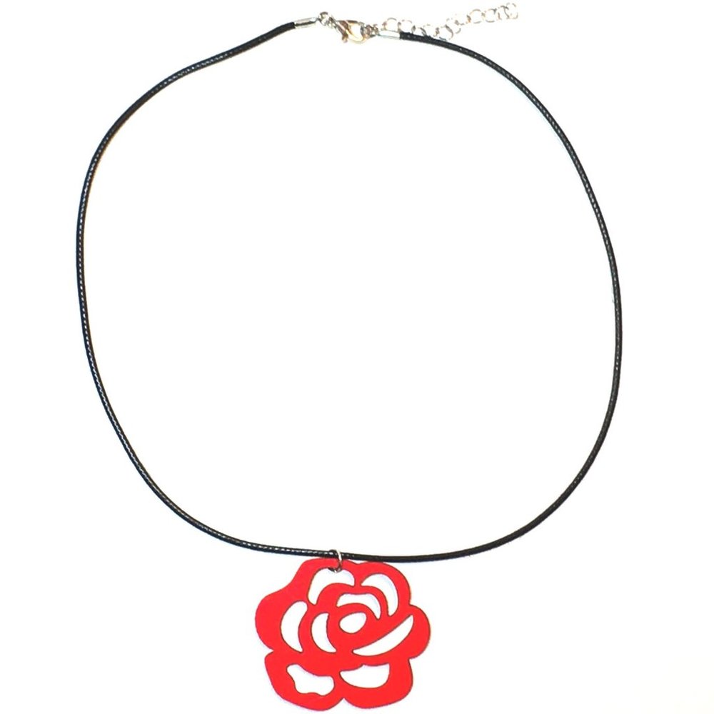 Red Wooden Rose Pendant Necklace - Picture 2 of 2